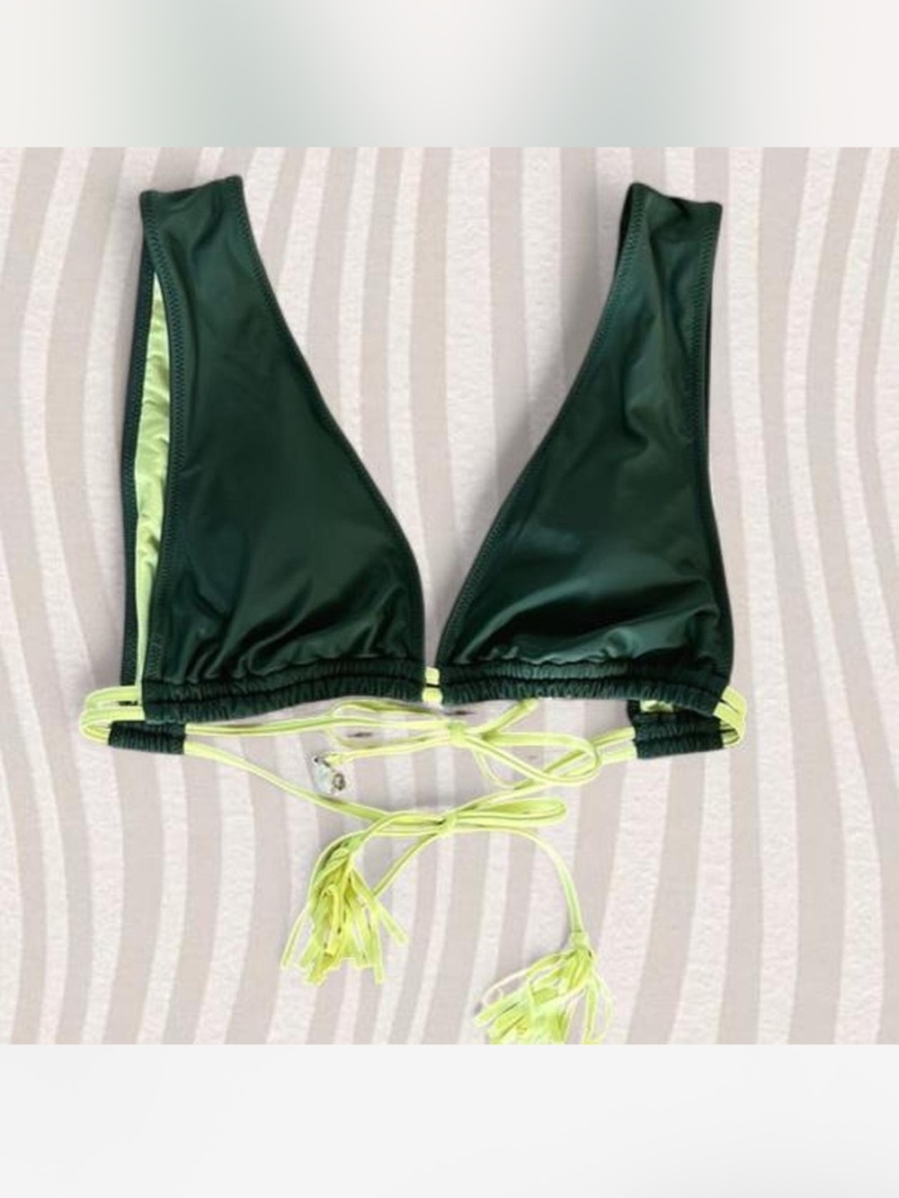 aerie Dark Green Bikini Top with Neon Lime Trim